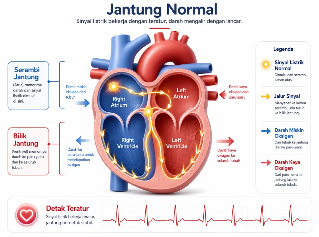 Gambar: Pada jantung normal, sinyal listrik membantu serambi dan bilik jantung bekerja berurutan sehingga darah dapat dipompa secara teratur ke seluruh tubuh.