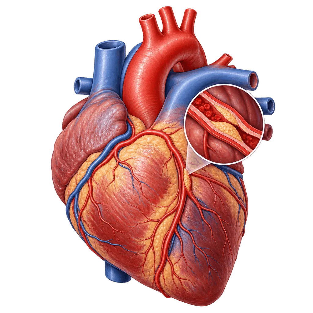 Anatomical heart illustration with coronary vessels and a plaque-narrowed artery reducing blood flow to the heart muscle.