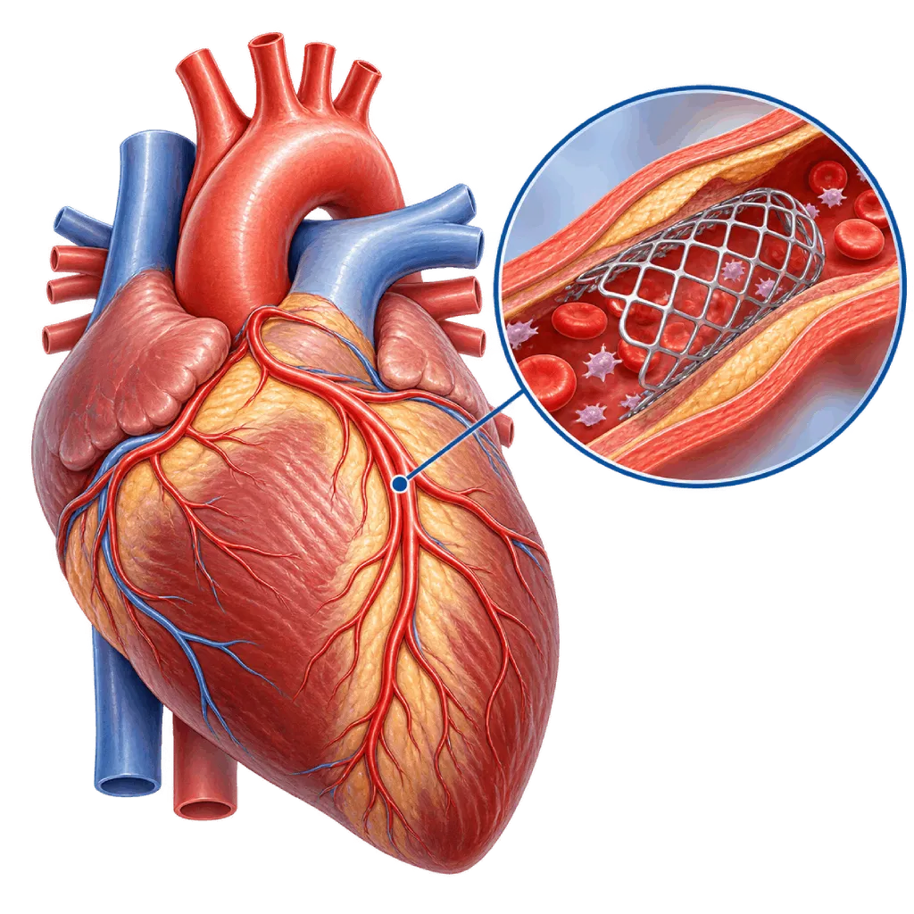 Anatomical heart illustration with coronary arteries and a magnified vessel showing a coronary stent, red blood cells, and platelets in the context of DAPT.