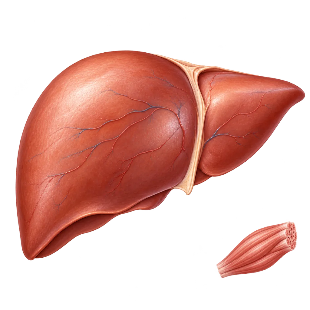 Ilustrasi anatomi hati sehat dengan jaringan otot rangka sebagai pendukung visual untuk menjelaskan bahwa SGOT atau AST terdapat di hati dan otot, sehingga hasil SGOT tinggi tidak otomatis menunjukkan penyakit hati.