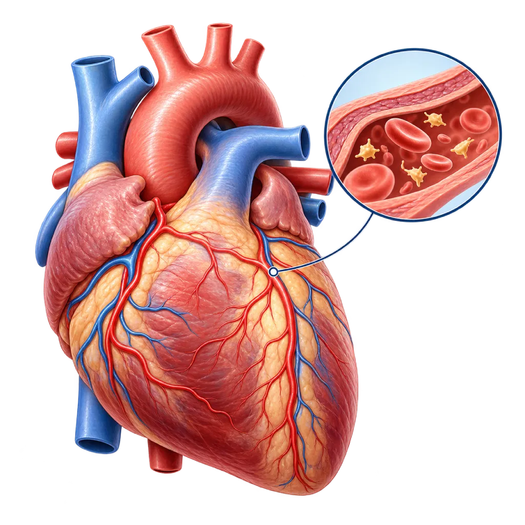 Ilustrasi anatomi jantung dengan arteri koroner dan pembesaran pembuluh darah yang memperlihatkan sel darah merah serta trombosit sebagai konteks mekanisme antiplatelet aspirin.