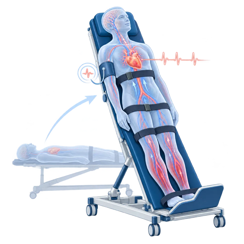 Ilustrasi Tilt Table Test dengan pasien pada meja miring, sabuk pengaman, manset tekanan darah, visual jantung, otak, aliran darah, dan denyut jantung untuk menjelaskan respons tubuh terhadap perubahan posisi.