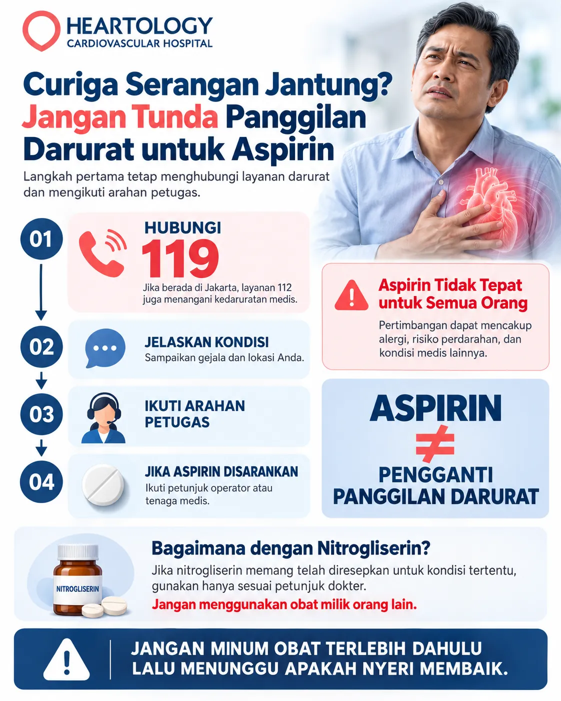 Infografik Heartology tentang aspirin saat curiga serangan jantung yang menjelaskan untuk menghubungi 119 terlebih dahulu, mengikuti arahan petugas, dan menggunakan aspirin hanya bila disarankan tenaga medis karena tidak cocok untuk semua orang.