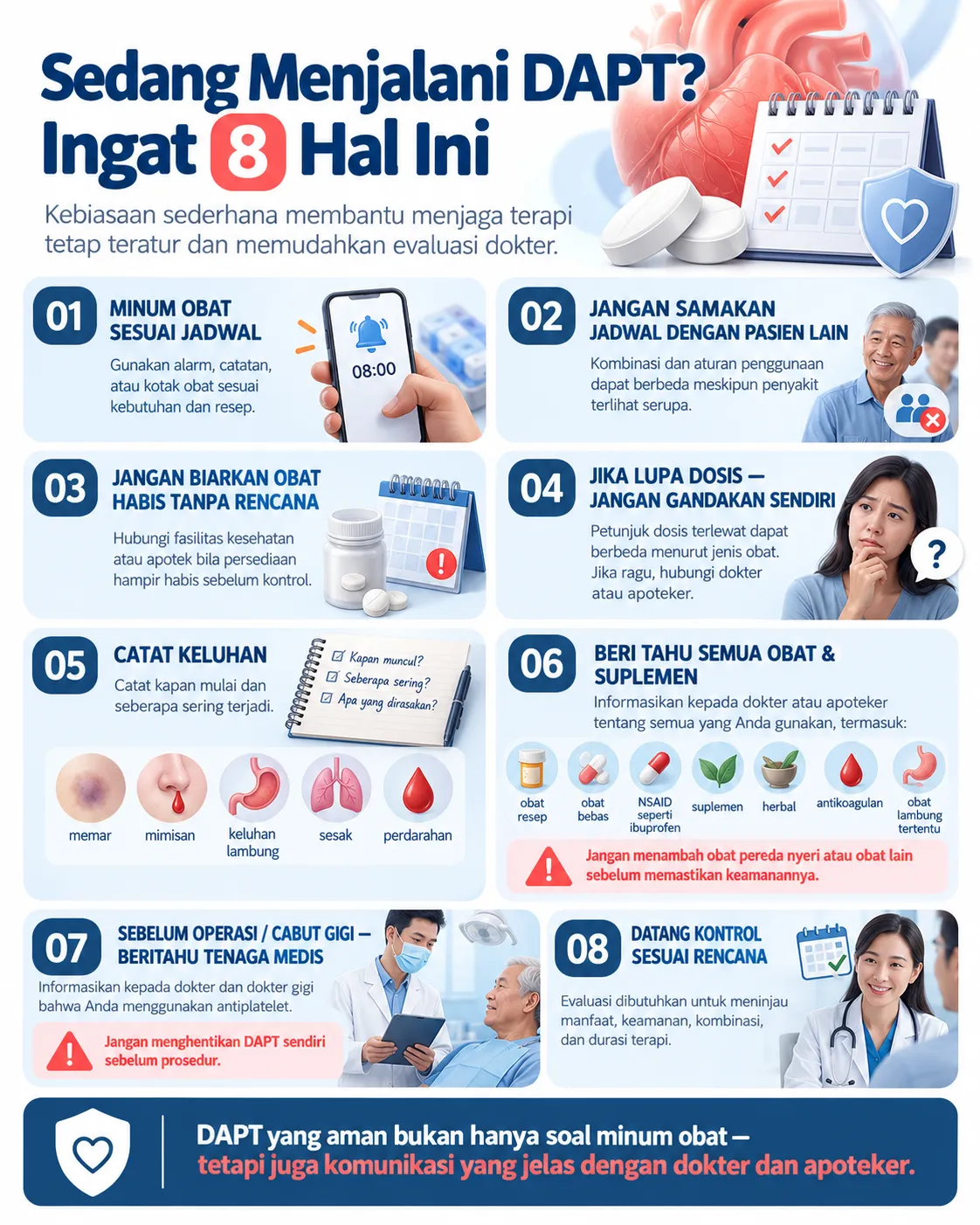 Infografis Heartology tentang 8 hal penting selama terapi DAPT, termasuk jadwal obat, dosis terlewat, efek samping, interaksi obat dan suplemen, prosedur medis, serta kontrol rutin.