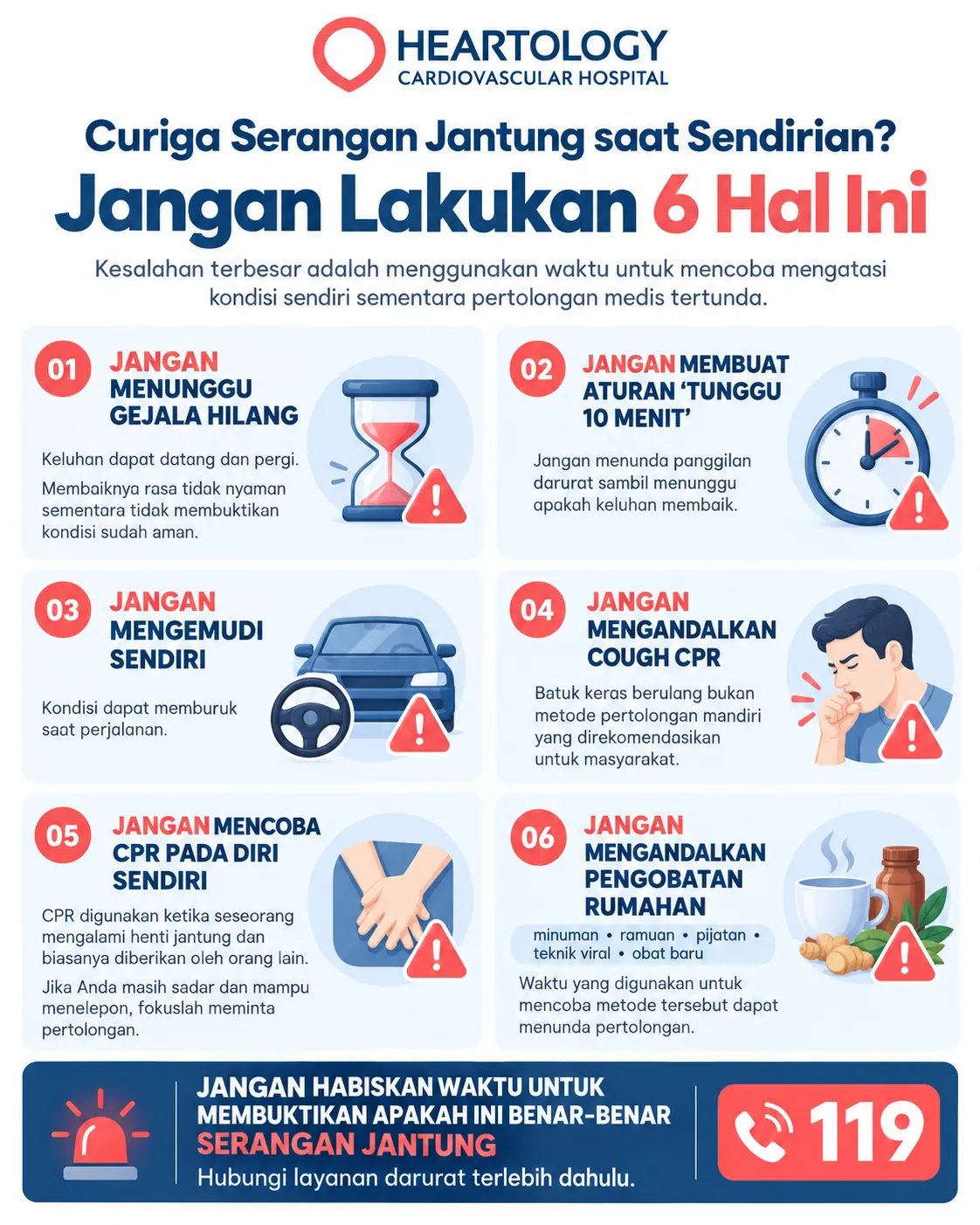 Infografik Heartology tentang 6 hal yang harus dihindari saat mencurigai serangan jantung ketika sendirian: jangan menunggu gejala hilang, jangan menunda panggilan darurat, jangan mengemudi sendiri, jangan mengandalkan cough CPR, jangan mencoba CPR pada diri sendiri, dan jangan mengandalkan pengobatan rumahan.