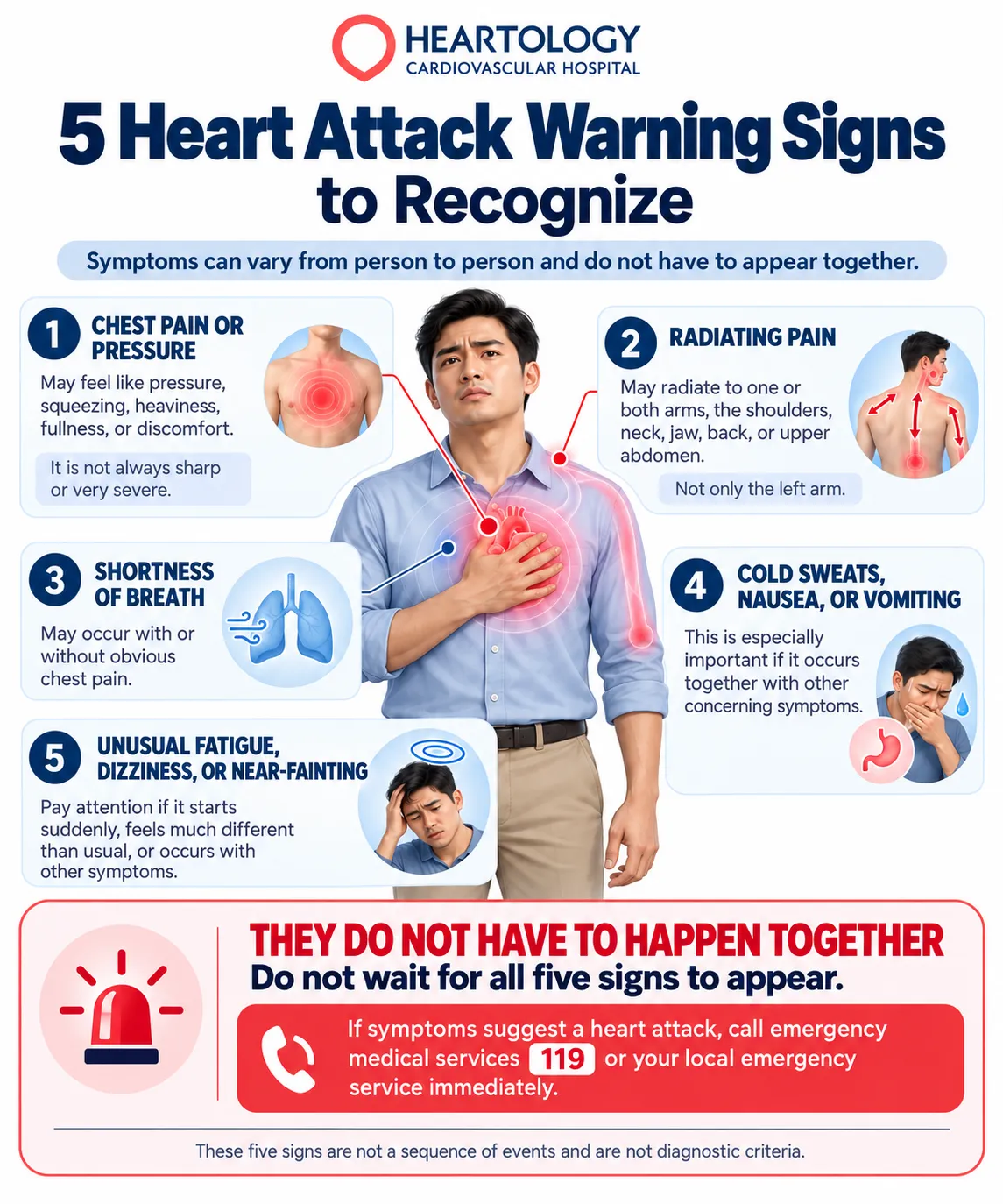 Heartology medical infographic illustrating five heart attack warning signs: chest pain or pressure, radiating pain, shortness of breath, cold sweats or nausea, and unusual fatigue or dizziness, with emergency guidance to call 119.