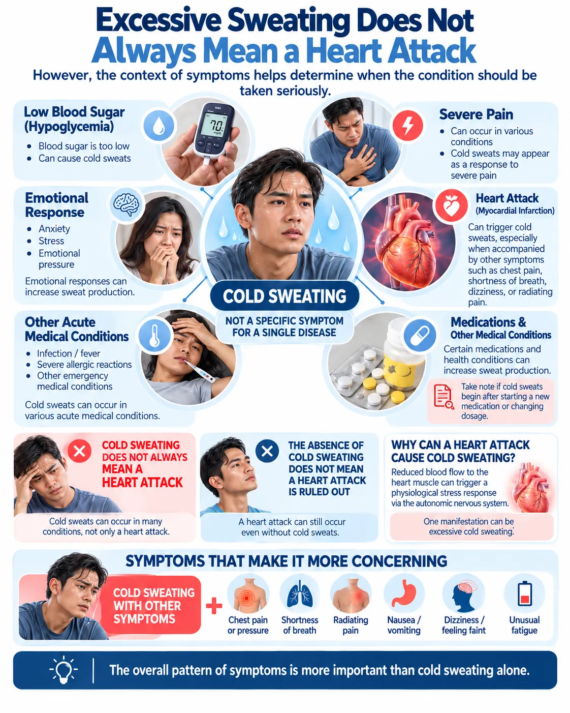Heartology infographic explaining that cold sweats may occur with hypoglycemia, stress, severe pain, acute medical conditions, medications, or heart attack, with accompanying warning symptoms to watch for.