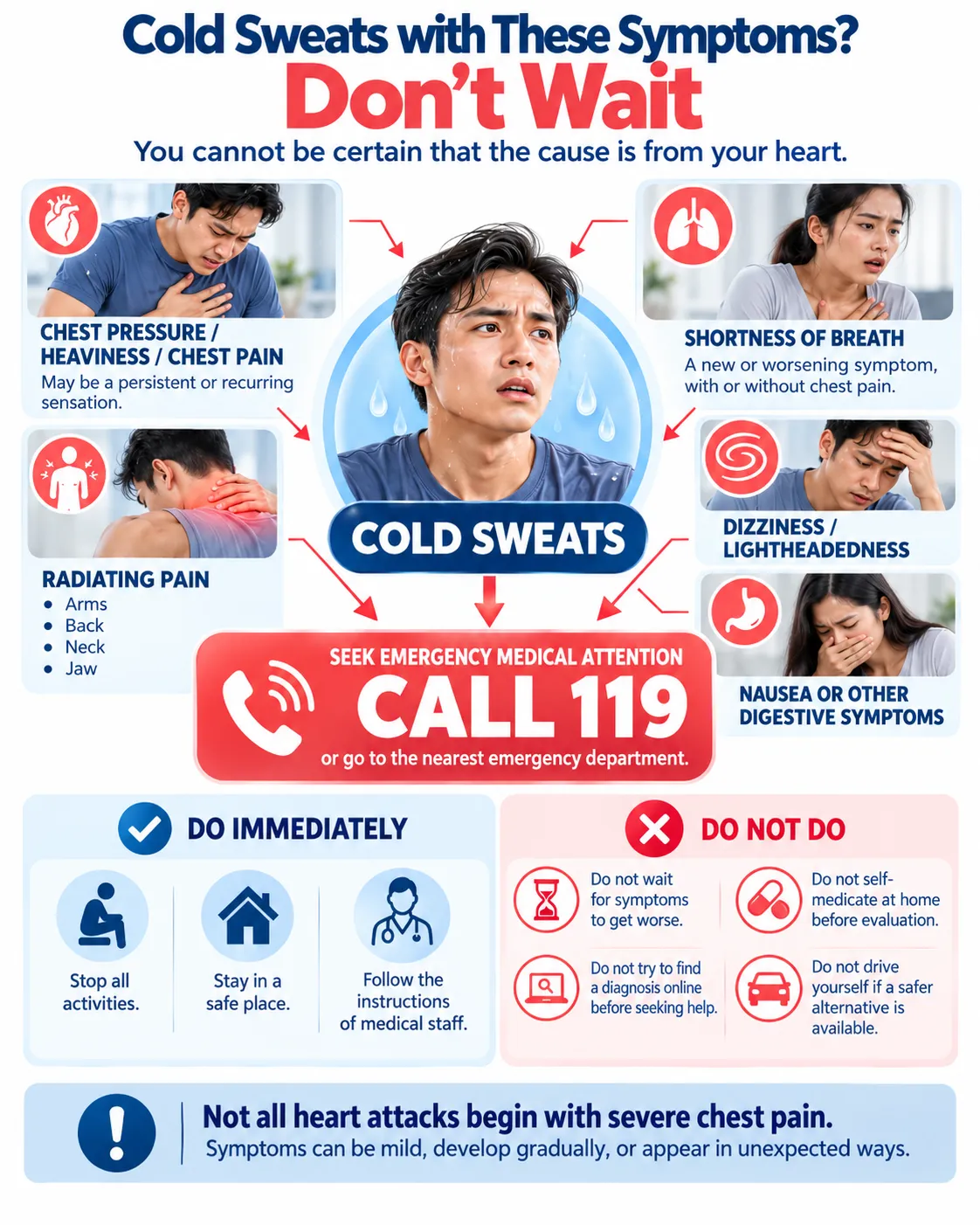 Heartology infographic showing sudden cold sweats with chest pain, shortness of breath, radiating pain, near-fainting, or nausea as warning signs requiring emergency medical care and a call to 119.