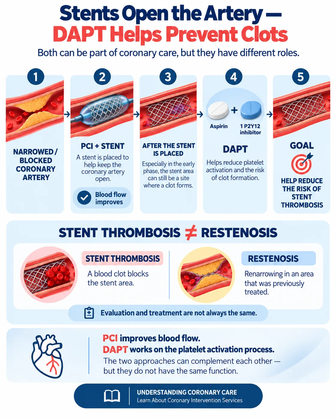 Heartology infographic explaining the roles of a coronary stent and DAPT after PCI, including the difference between stent thrombosis and restenosis and how antiplatelet therapy helps reduce clot risk.