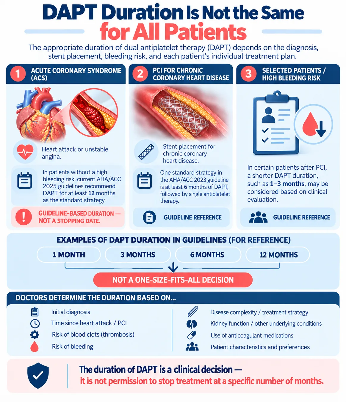 Heartology infographic showing 1-, 3-, 6-, and 12-month DAPT durations as guideline reference points and the clinical factors doctors consider when determining treatment length.