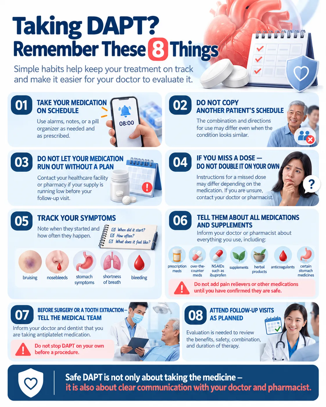 Heartology infographic with 8 important DAPT safety reminders covering medication schedules, missed doses, side effects, drug and supplement interactions, medical procedures, and follow-up care.