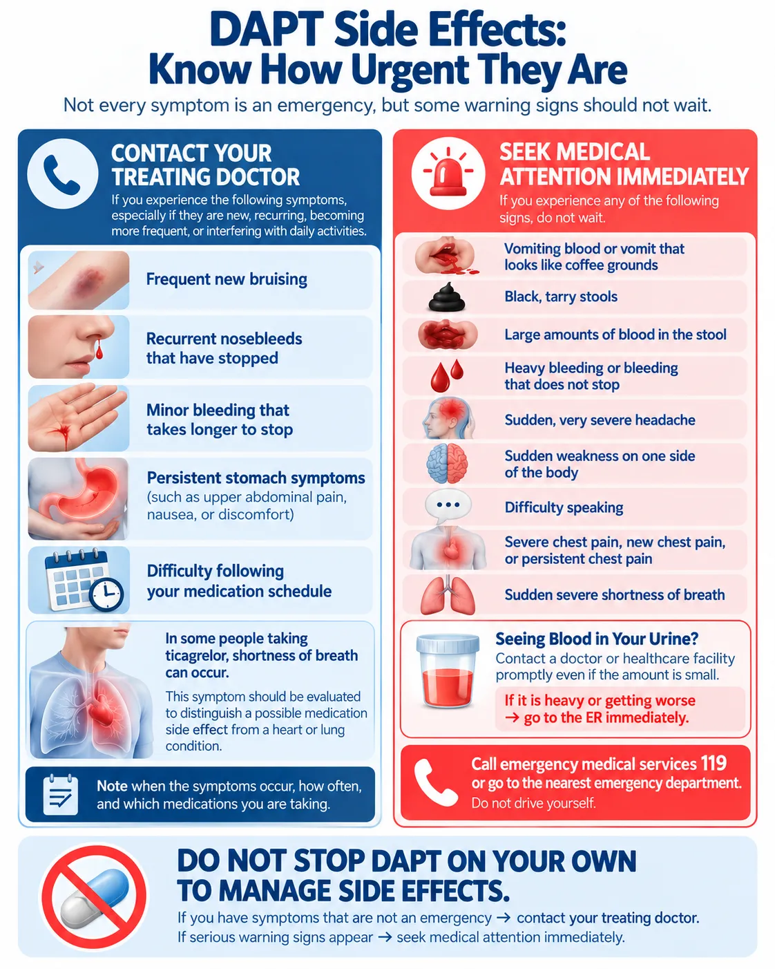Heartology infographic about DAPT side effects, including bruising, nosebleeds, bleeding, shortness of breath, stroke warning signs, and when to contact a doctor or seek emergency care.