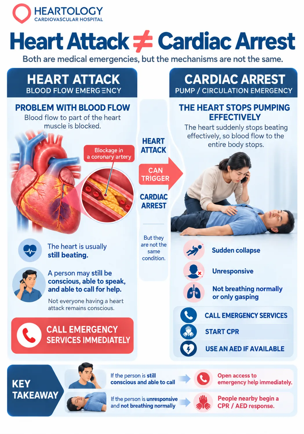 Medical infographic comparing heart attack vs. cardiac arrest, illustrating coronary artery blockage, sudden collapse, warning signs, CPR, AED use, and emergency response.