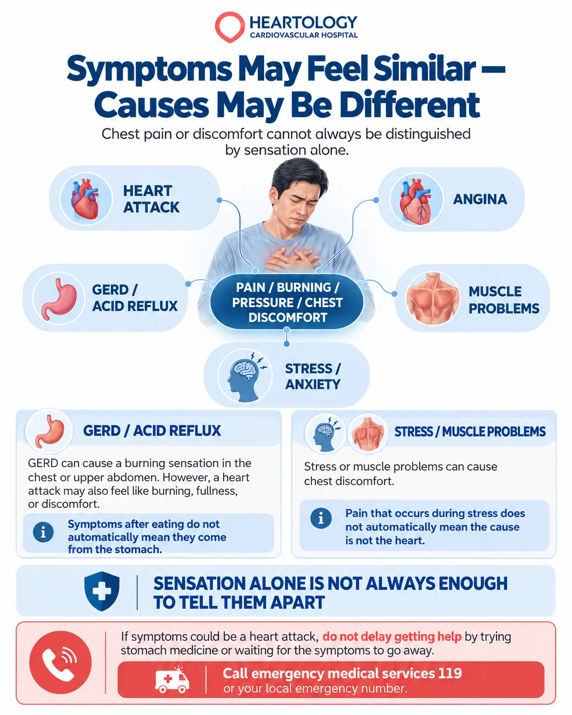Heartology medical infographic comparing possible causes of chest pain, including heart attack, angina, GERD, muscle problems, and anxiety, explaining why similar symptoms require careful evaluation.