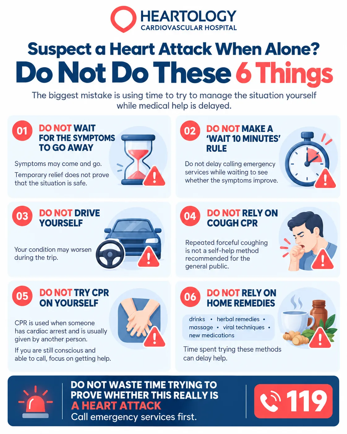 Heartology infographic illustrating six things to avoid when experiencing a suspected heart attack alone, including delaying emergency care, driving yourself, attempting cough CPR or self-CPR, and relying on home remedies, with guidance to call emergency services at 119.