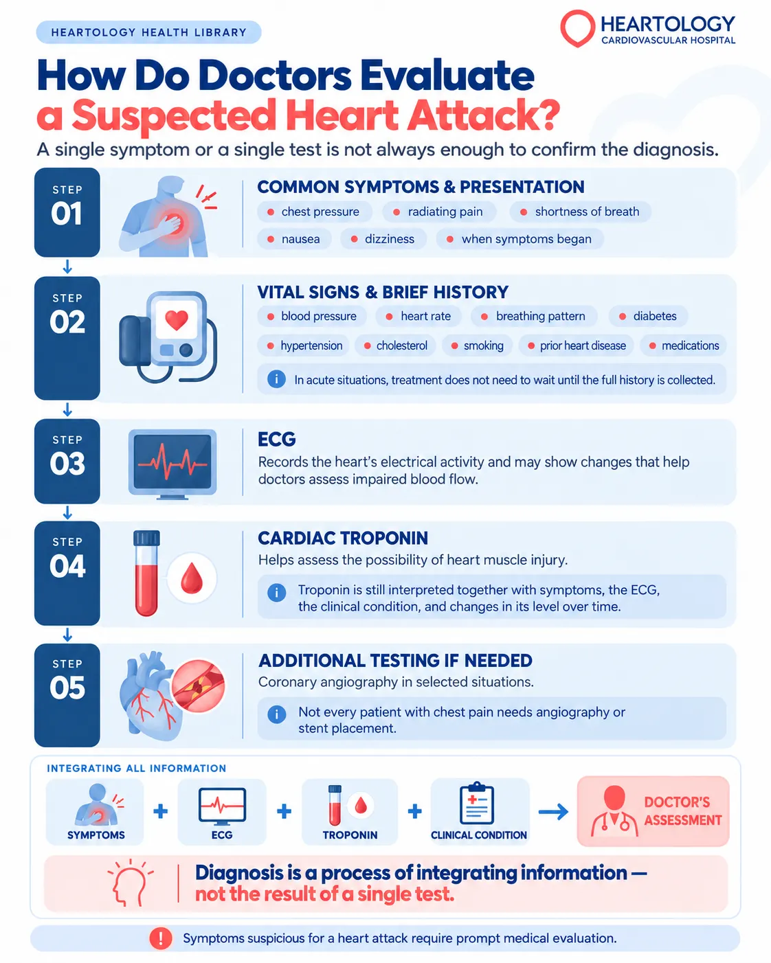 Heartology medical infographic showing five steps doctors use to evaluate a suspected heart attack: symptom assessment, vital signs and medical history, ECG, cardiac troponin testing, and additional tests such as coronary angiography.