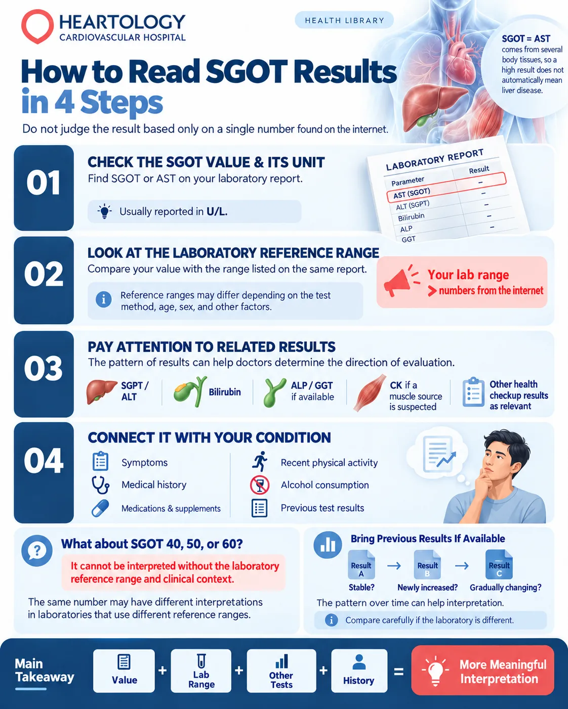 Heartology medical infographic explaining how to read SGOT (AST) blood test results in four steps: check the value and units, review laboratory reference ranges, examine related tests, and consider symptoms and medical history.