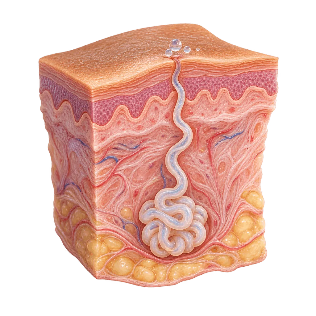 Medical illustration of a skin cross-section showing an eccrine sweat gland, its duct opening to a skin pore, and small sweat droplets at the surface.