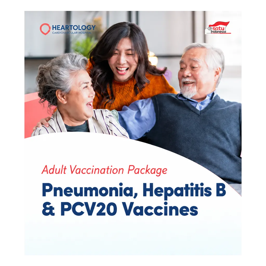 Heartology Jakarta adult vaccination banner featuring a family and pricing information for Hepatitis B, Pneumovac, and PCV20 vaccines.