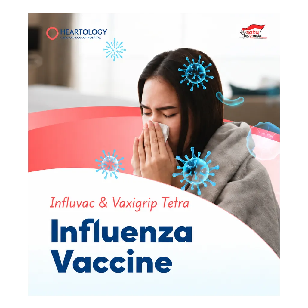 Poster vaksin influenza Heartology dengan ilustrasi wanita sedang bersin, pilihan vaksin Influvac dan Vaxigrip Tetra, serta informasi harga dan pendaftaran.