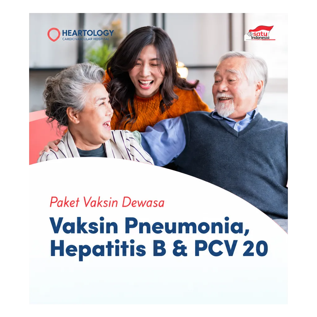 Heartology Jakarta adult vaccination banner featuring a family and pricing information for Hepatitis B, Pneumovac, and PCV20 vaccines.