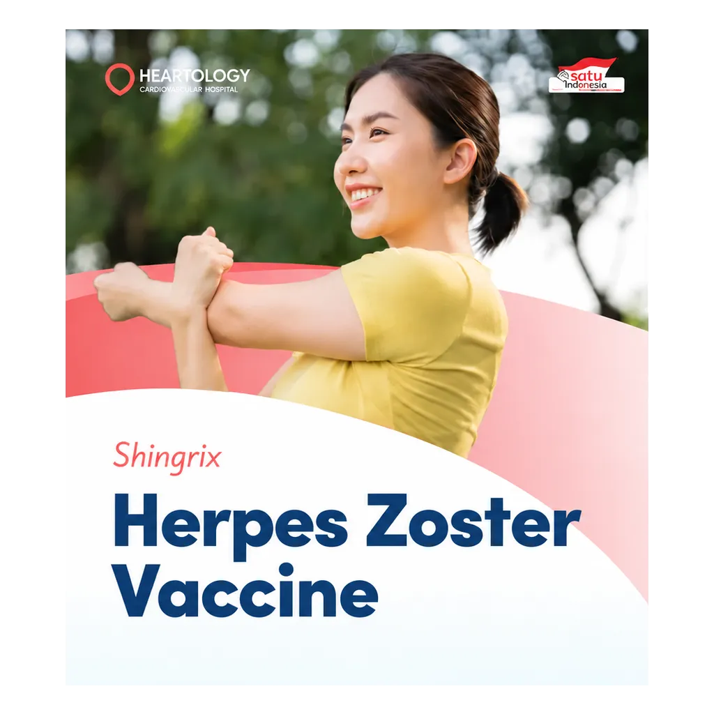 Shingrix shingles vaccination banner at Heartology Jakarta, showing single-dose pricing of IDR 3,050,258 and two-dose pricing of IDR 6,000,258.