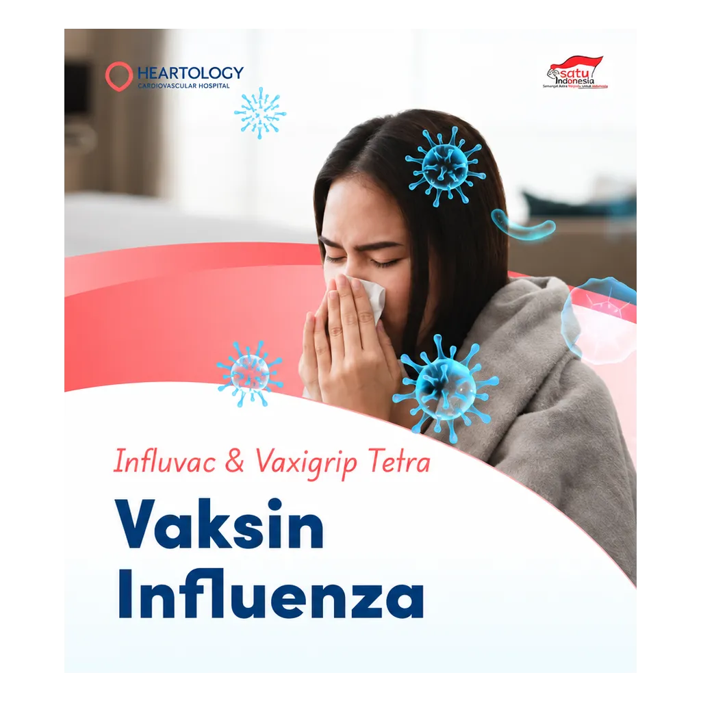 Poster vaksin influenza Heartology dengan ilustrasi wanita sedang bersin, pilihan vaksin Influvac dan Vaxigrip Tetra, serta informasi harga dan pendaftaran.